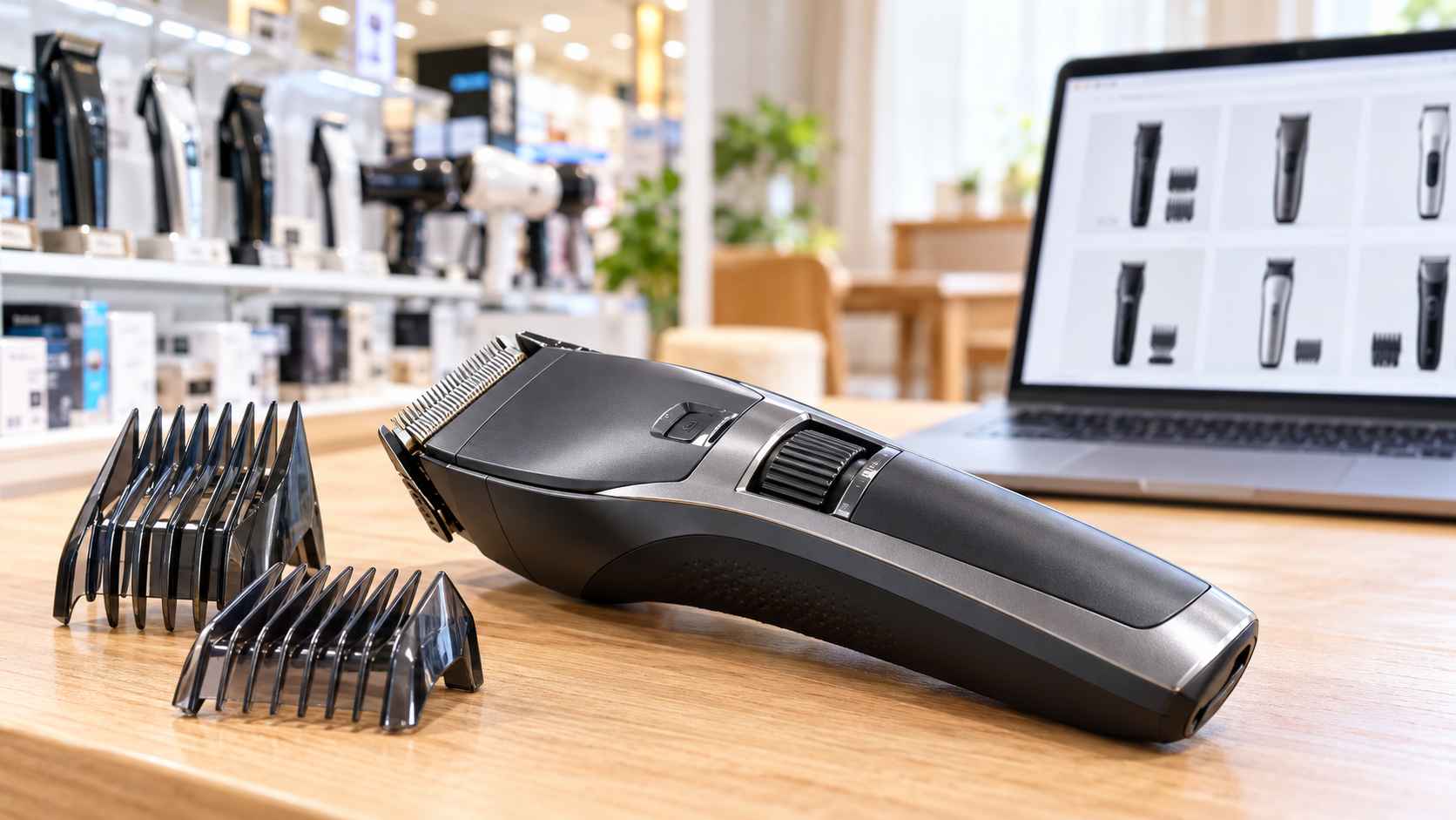 家電量販店の売り場とネット通販の比較画面を背景に、家庭用電動バリカンと刈り高さ調整用アタッチメントを並べたイメージ